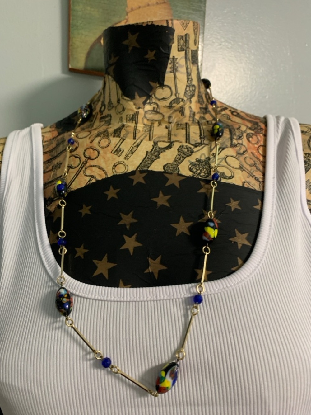 Gold-Tone Necklace with Blue Faceted and Murano Glass Beads